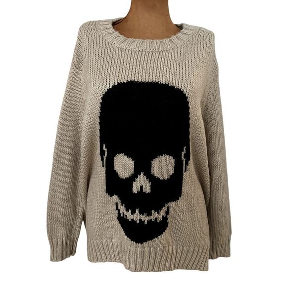 Wooden Ships Sz X/S Skull Pullover Sweater Tan Goth Edgy Punk Halloween Chunky - Picture 2 of 12